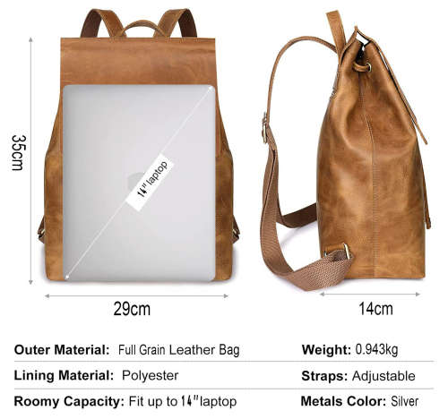 Full Grain Leather Backpack, Handbag, Laptop Bag - Carries up to 14Inch Laptop