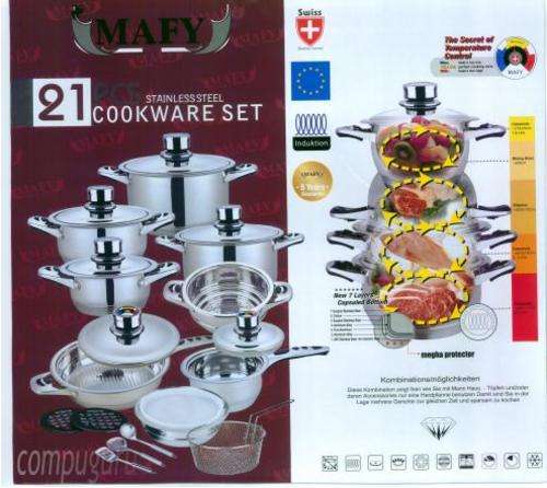 Swiss Precision*21 Pieces* Stainless Steel 18/10 Cookware,7 layer capsuled Bottom &Thermostat lids