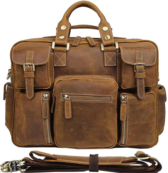 Multi Pocket 15 Inch Full Grain Leather Briefcase, Messenger Bag, Fits Mac book, Laptop