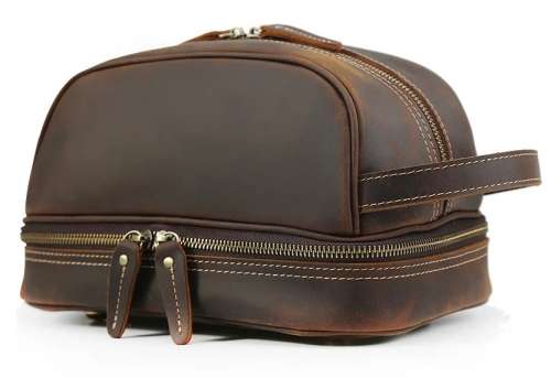 Premium Full Grain Leather Toiletry Bag - Double Compartment - Unisex Cosmetic and Makeup Organizer
