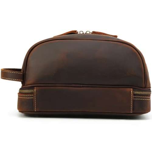 Premium Full Grain Leather Toiletry Bag - Double Compartment - Unisex Cosmetic and Makeup Organizer