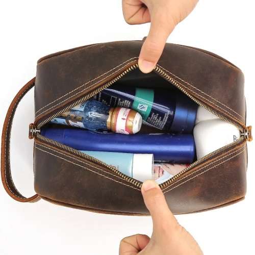 Premium Full Grain Leather Toiletry Bag - Double Compartment - Unisex Cosmetic and Makeup Organizer
