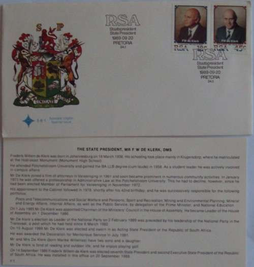 1989 RSA First Day Cover: Special Issue - State President F W De Klerk