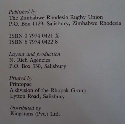 Rhodesia Rugby : A History of the National Side 1898 - 1979 - Jonty Winch