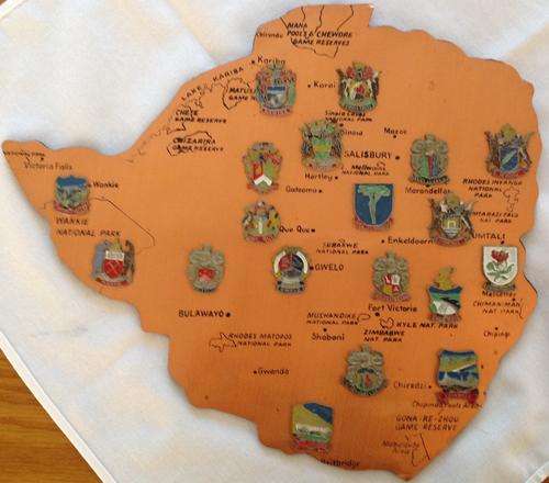 Copper Map of Rhodesia - Old Rhodesian City/ Town Names & Crests