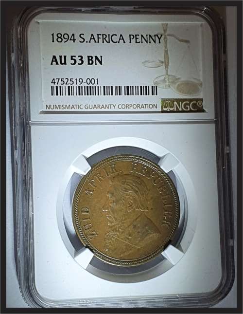 SCARCE!!! ZAR 1894 1 PENNY // Low Mintage 10 769 only // NGC AU 53 BN // HIGH CATALOGUE VALUE