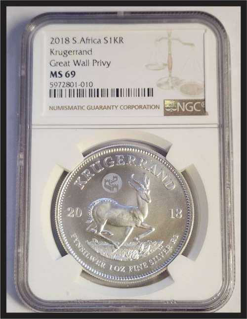 VERY SCARCE // 2018 GREAT WALL PRIVY SILVER KRUGER RAND // NGC MS69 // HIGH GRADE