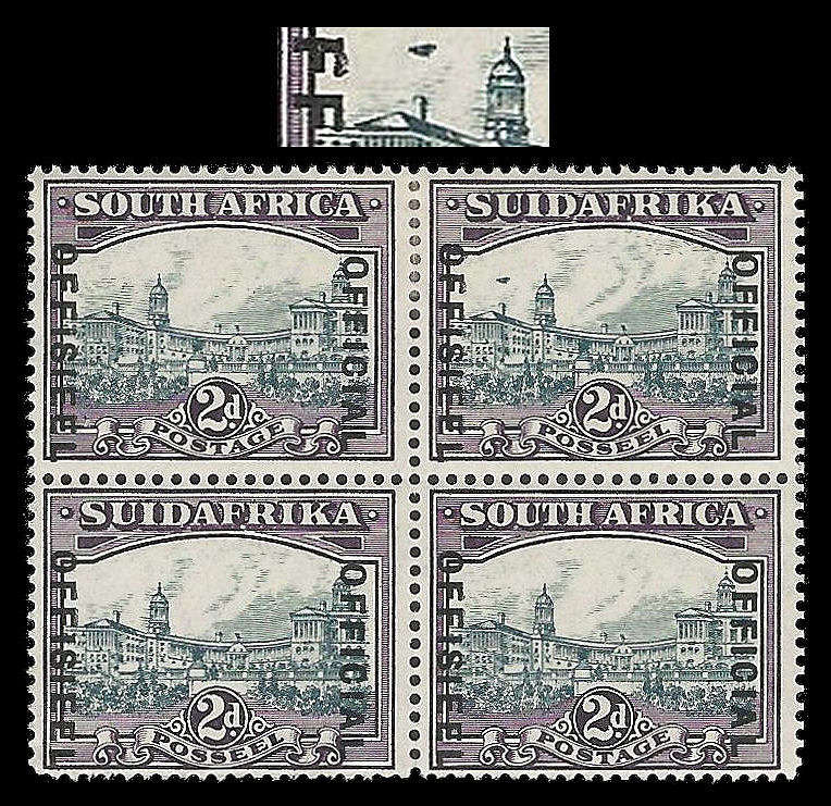 AIRSHIP FLAW.   Catalogue value R4 500-00.  Union of South Africa 2d Official - SG O14a.