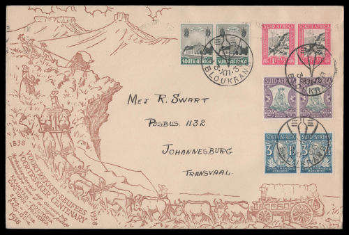 Scarce!  Union of South Africa.  BLOUKRANS cancellation on 1938 Voortrekker cover.  Fine condition.