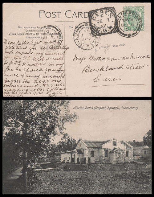 Postcard from Malmesbury to Ceres as per scan.  Note CERES ROAD postmark.