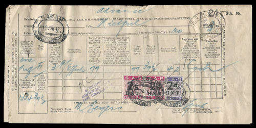 1947. South African Railways Parcel Stamp Issue 9. 2 SHILLING IN A PAIR on waybill (Huguenot). RARE.