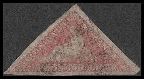 Cape of Good Hope. 1d Cape Triangular PALE ROSE with THREE HUGE MARGINS. SACC 5a.  CV R8 000-00.