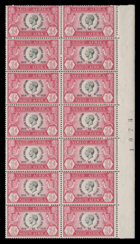 Union of South Africa.  Silver Jubilee (SACC 65) in a Sheet Number block of 14.  CV R630-00+. UM.