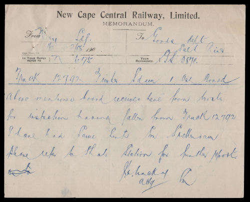 South Africa.  NEW CAPE CENTRAL RAILWAYS memorandum as per scan.