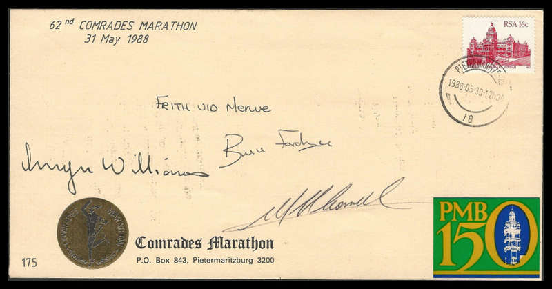 Cover signed by 1988 Comrades Winners Bruce Fordyce and Frith van der Merwe.  As per scan.