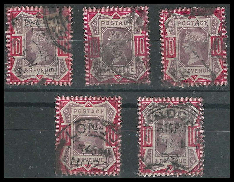 Great Britain  Queen Victoria 10d used  x5  as per scan.  Minimum catalogue value R4 500-00.