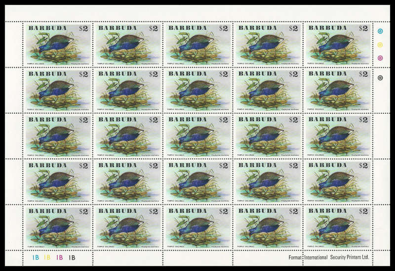 Barbuda. 1976 Birds. Scott 238/43. Complete set of 6 in complete sheets of 25.  Cat.value R3 700-00.