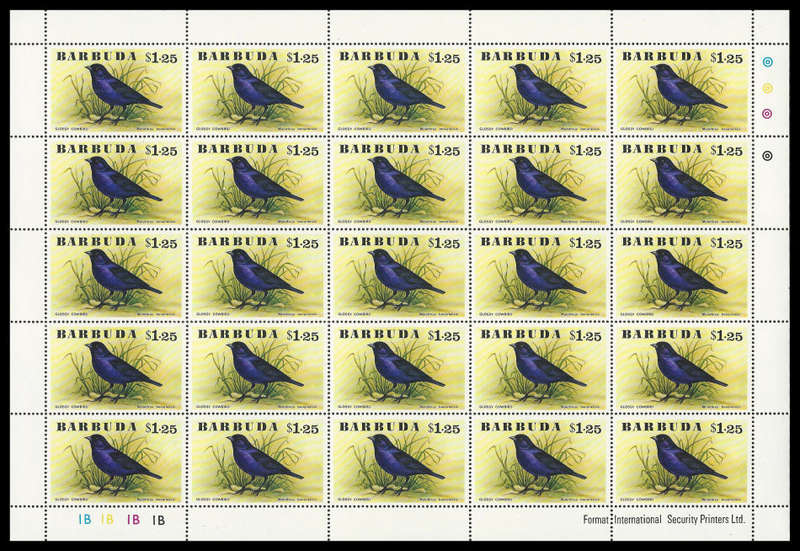 Barbuda. 1976 Birds. Scott 238/43. Complete set of 6 in complete sheets of 25.  Cat.value R3 700-00.
