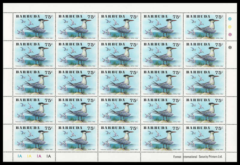Barbuda. 1976 Birds. Scott 238/43. Complete set of 6 in complete sheets of 25.  Cat.value R3 700-00.