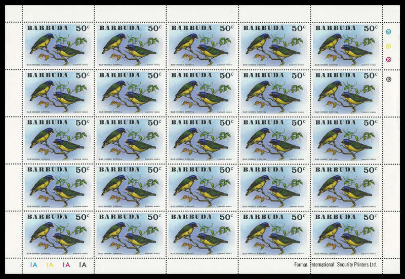 Barbuda. 1976 Birds. Scott 238/43. Complete set of 6 in complete sheets of 25.  Cat.value R3 700-00.