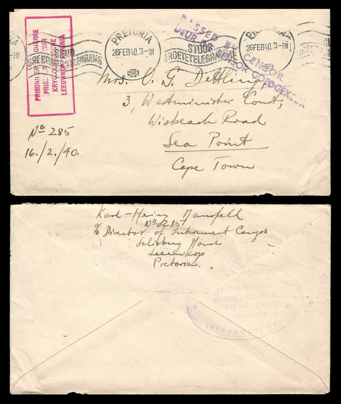 WORLD WAR II.  Outgoing Leeuwkop Interment Camp CENSORED cover as per scan.