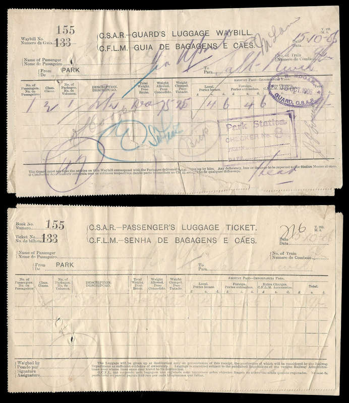 CENTRAL SOUTH AFRICAN RAILWAYS .  Passenger's Luggage Ticket and matching Guard's Waybill.