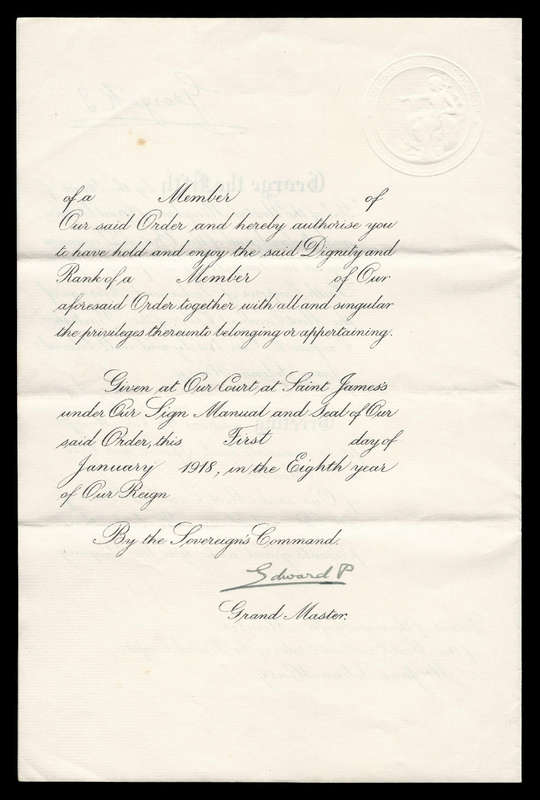1918 Document signed by King Edward VIII, also with stamped signature of King George V.