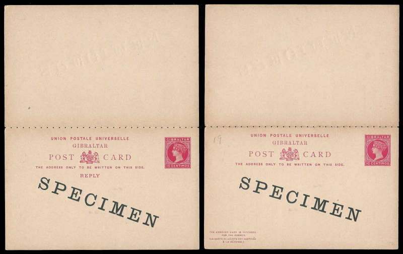 Gibraltar - Queen Victoria.  SPECIMEN Postal stationary card with attached reply card as per scan.