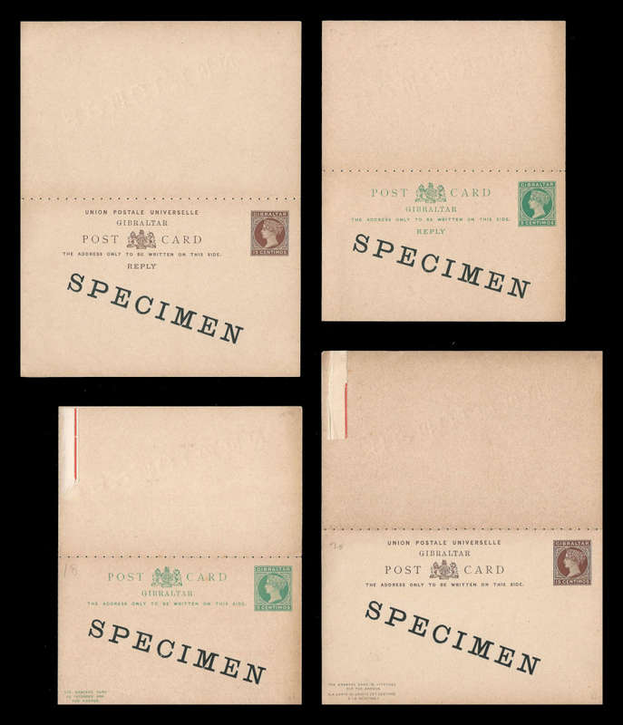 Gibraltar - Q Victoria.  2x SPECIMEN Postal stationary cards with attached reply cards as per scan.