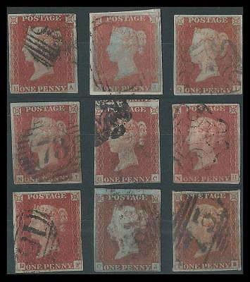 Great Britain. 1841. SG 8 , 9. 9 x Penny Reds. Catalogue value R8 000-00.