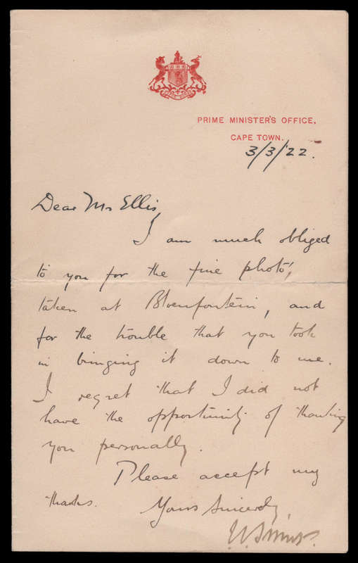 Personal letter signed by Jan Smuts during 1922.