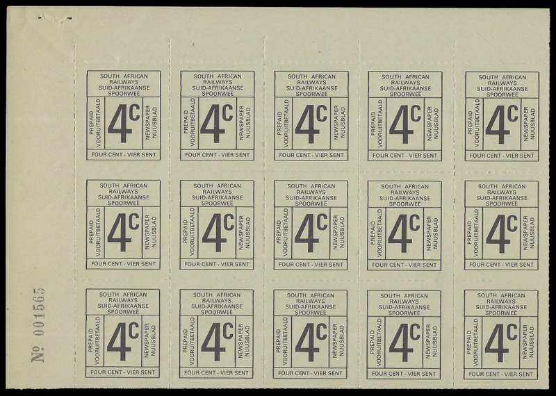 South African Railways  Newspaper Stamps. Sheet Number Block of 15. Unmounted mint.