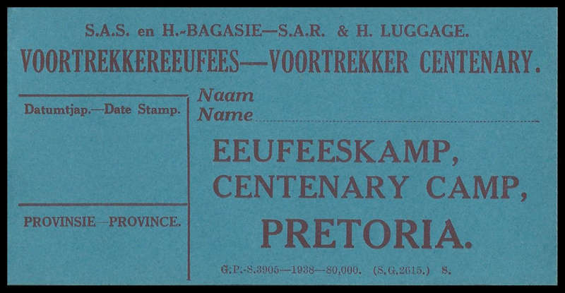 Voortekker Centenary. 1938 Centenary Camp Luggage label. Superb condition with full original gum.