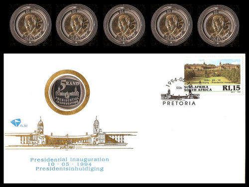1994 Nelson Mandela FDC with ORIGINAL UNC R5 Coin + FIVE 2008 90th Birthday UNC R5 Coins.