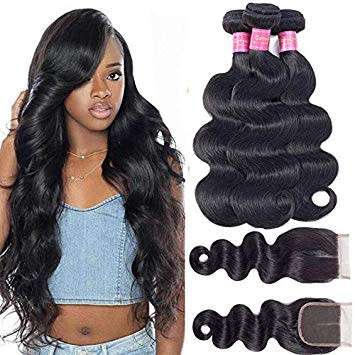 Brazilian Virgin Body Wave Hair 3 Bundles with 3-Part 4x4 Closure -  8 Inch - Natural