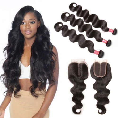 Peruvian Virgin Body Wave Bundles with 3-Part 4x4 Closure (10", 10", 10" + 8" Closure) - Natural