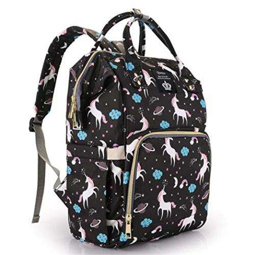 Multifunctional Waterproof Nappy Backpack - Unicorn - BLACK