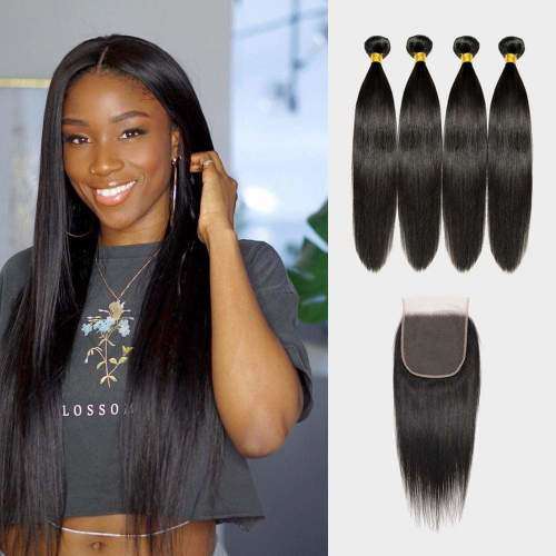 Brazilian Straight Virgin Hair 4 Bundles with Closure 8 Inches - Grade 10A