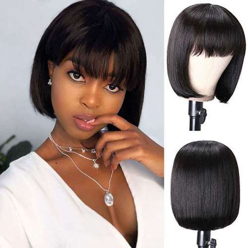 Brazilian Virgin 100% Human Hair Bob Wig with Bangs / Fringe - 10 Inches - Colour 1B
