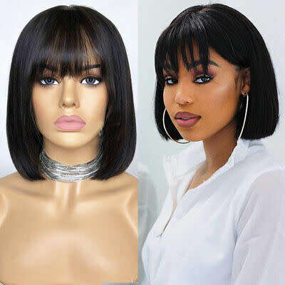 Brazilian Virgin 100% Human Hair Bob Wig with Bangs / Fringe - 12 Inches - Colour 1B