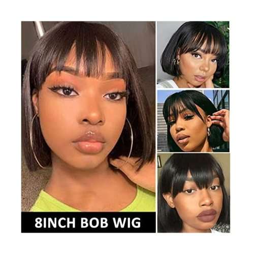 8 Inch Brazilian Virgin Human Hair Bob Wig with Fringe - Natural Black  **PLEASE READ**