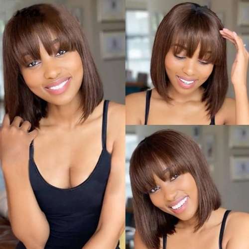 Brazilian Virgin 100% Human Hair Bob Wig with Bangs / Fringe - 8 Inches - Colour 4 **PLUS FREE GIFT*