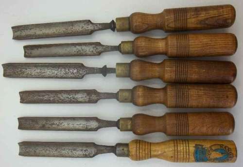 6X Vintage Wooden Handled Chisels, "NPA" Carved Into Handles, Well-Used, Rust
