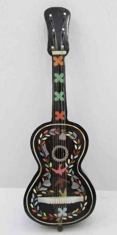 Sweet Guitar Shaped Music Box, Hand Painted, Working & In Lovely Condition - Length 24cm