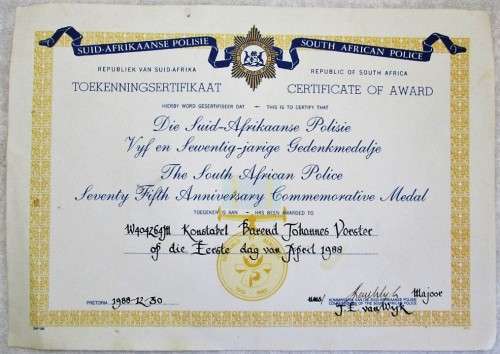 South African Police SAPS Certificate Of Award, 1988 - 34cm/24cm