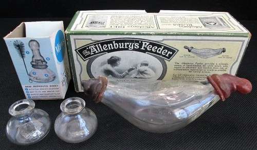 Antique/Vintage Baby Feeder Lot: Griplight Glass Baby Bottle + 2X Maws Improved Dinky Feeder Bottles