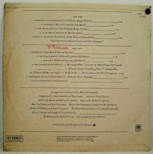 Carpenters - Carpenters - A&M Records, 1971 - AMC 2163 - SA Pressing