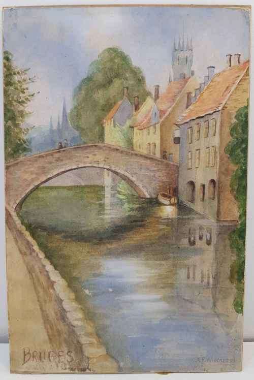 Sweet Watercolour Pasted On Board - "Bruges" By AF Wilkinson - 18,5cm/28,5cm