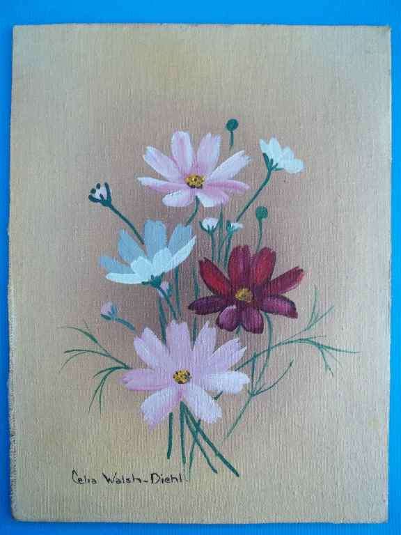 Miniature Unframed Celia Walsh-Diehl Floral Oil Painting On Board - 20,5cm/15,5cm