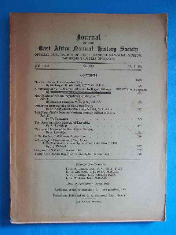 Journal Of The East Africa Natural History Society Vol XIX No 5 (90) - 1947-1948